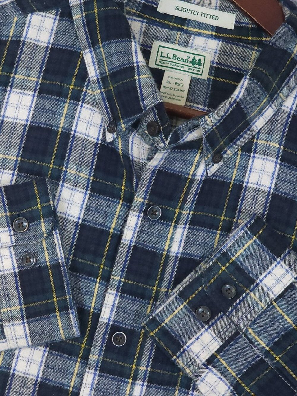 LL Bean Scotch Plaid Flannel Shirt Mens XL Navy Green Slightly Fitted Cotton